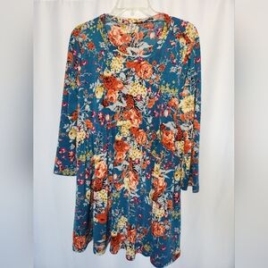 Elegant Floral Long Sleeve Dress in Blue and Orange